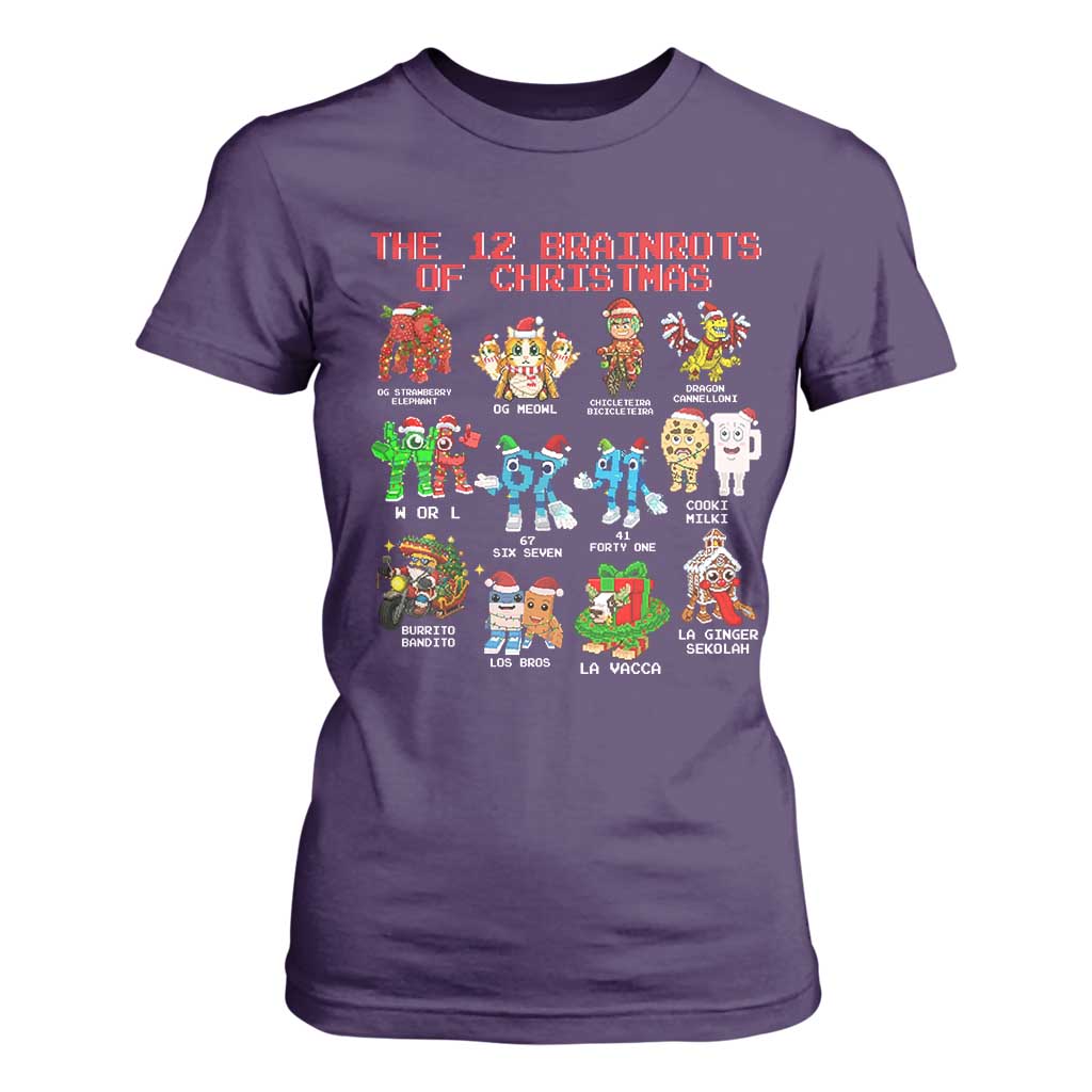The 12 Brainrots of Christmas T Shirt For Women Funny Cursed Meme Holiday Gag Gift TS02 Purple Print Your Wear