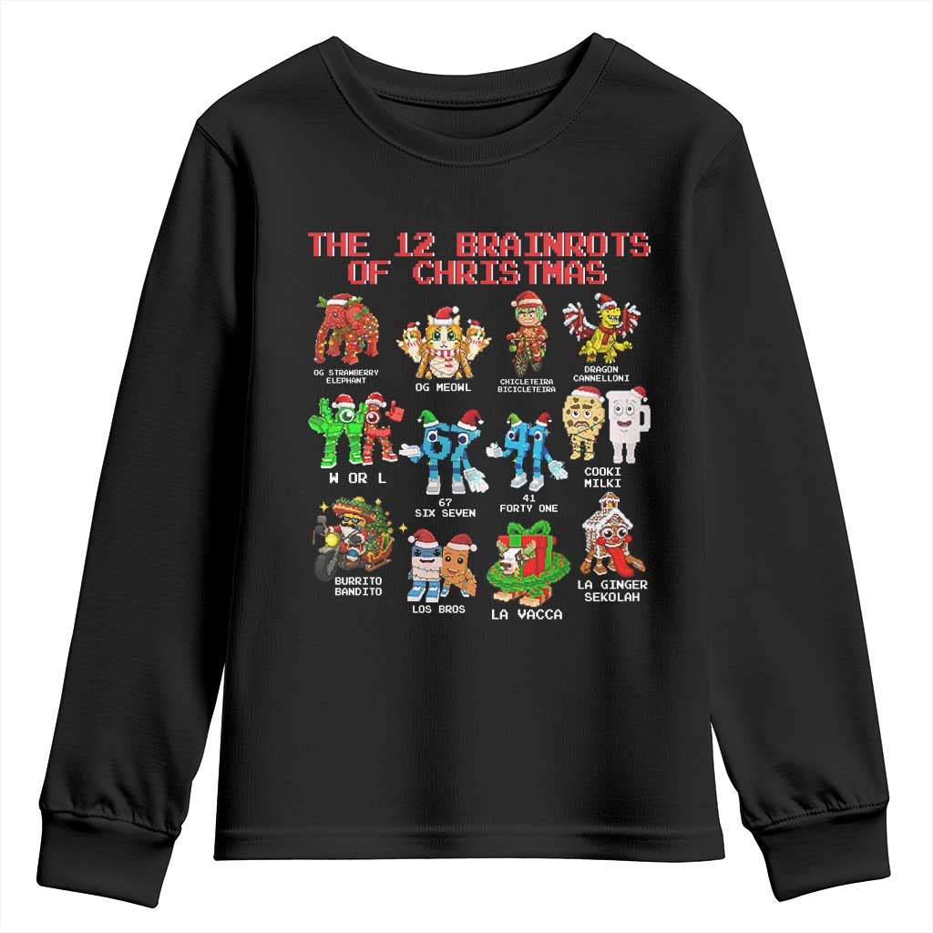 The 12 Brainrots of Christmas Youth Sweatshirt Funny Cursed Meme Holiday Gag Gift TS02 Black Print Your Wear