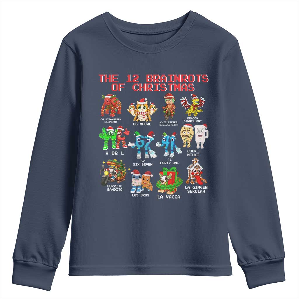 The 12 Brainrots of Christmas Youth Sweatshirt Funny Cursed Meme Holiday Gag Gift TS02 Navy Print Your Wear