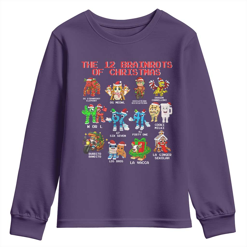 The 12 Brainrots of Christmas Youth Sweatshirt Funny Cursed Meme Holiday Gag Gift TS02 Purple Print Your Wear