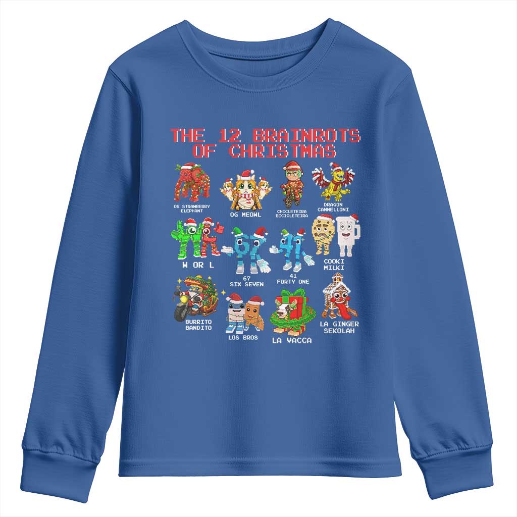 The 12 Brainrots of Christmas Youth Sweatshirt Funny Cursed Meme Holiday Gag Gift TS02 Royal Blue Print Your Wear