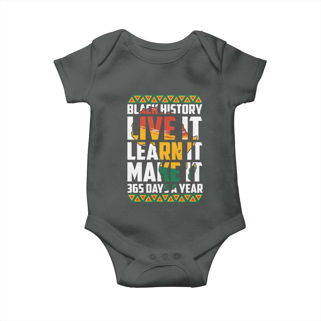 Black History Month Baby Onesie Live It Learn It Make It 365 Days A Year Kente TS02 Dark Heather Print Your Wear