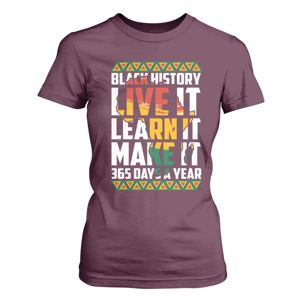 Black History Month T Shirt For Women Live It Learn It Make It 365 Days A Year Kente TS02 Maroon Print Your Wear