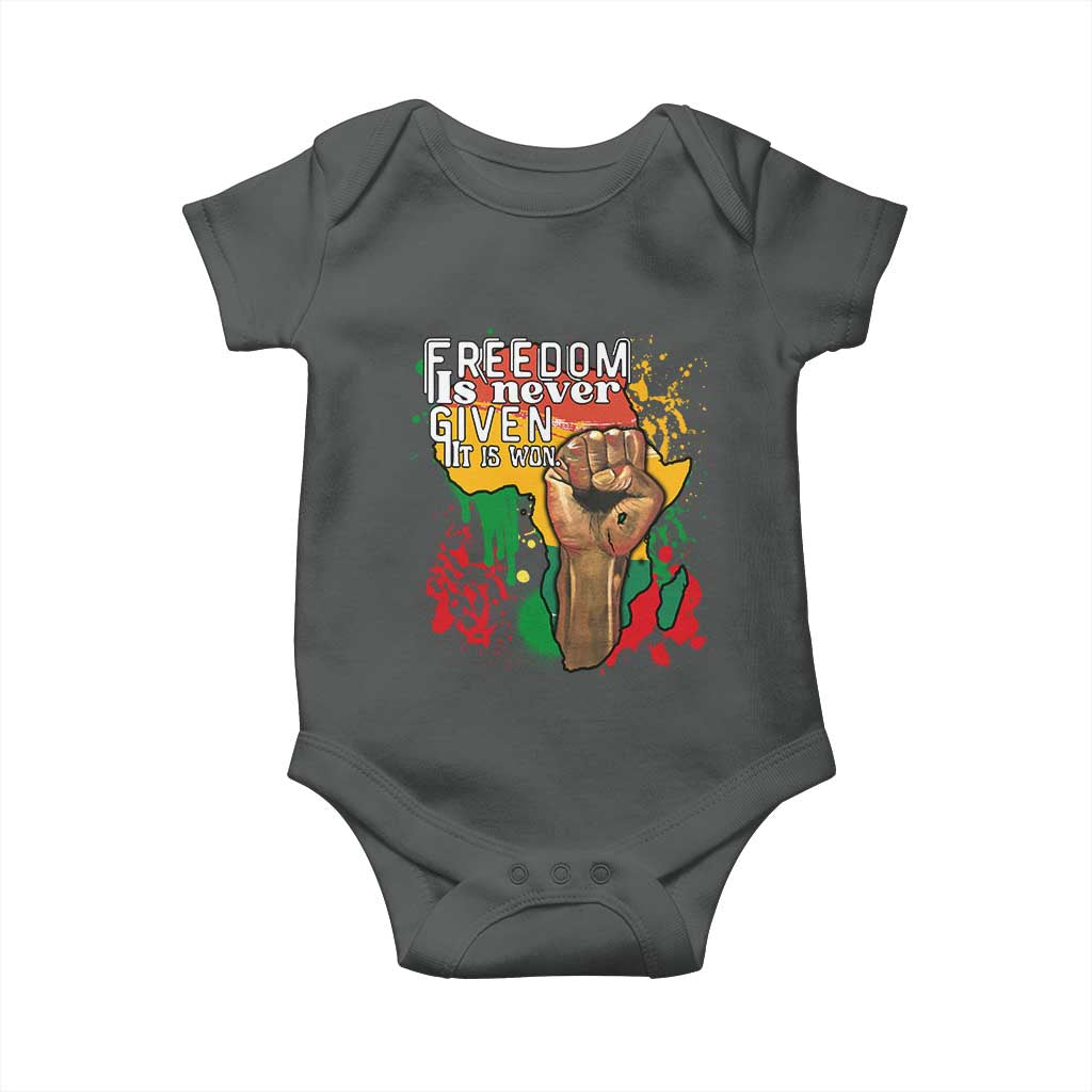 Black History Month Baby Onesie Freedom Is Never Given It Is Won Equal Rights Raised Fist TS02 Dark Heather Print Your Wear