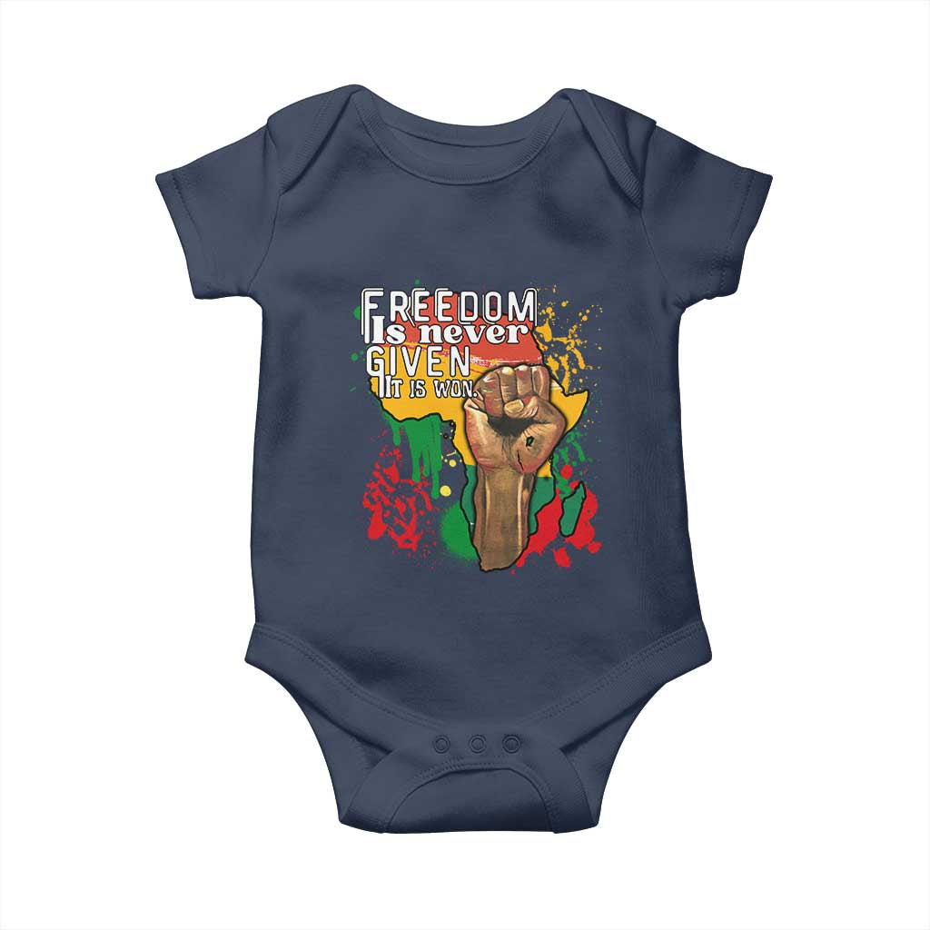 Black History Month Baby Onesie Freedom Is Never Given It Is Won Equal Rights Raised Fist TS02 Navy Print Your Wear