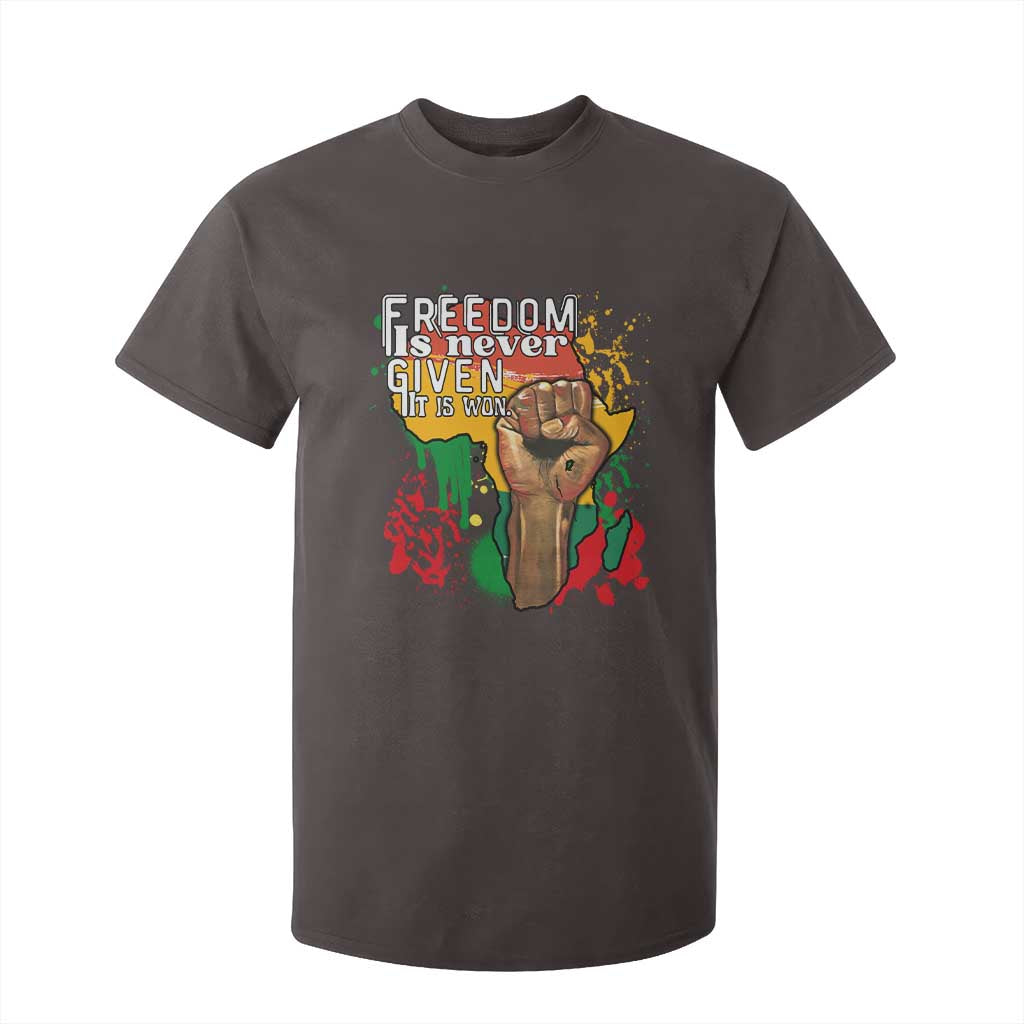 Black History Month T Shirt For Kid Freedom Is Never Given It Is Won Equal Rights Raised Fist TS02 Dark Chocolate Print Your Wear