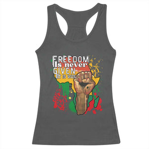 Black History Month Racerback Tank Top Freedom Is Never Given It Is Won Equal Rights Raised Fist TS02 Dark Heather Print Your Wear