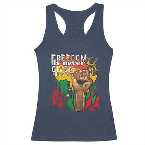 Black History Month Racerback Tank Top Freedom Is Never Given It Is Won Equal Rights Raised Fist TS02 Navy Print Your Wear