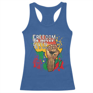 Black History Month Racerback Tank Top Freedom Is Never Given It Is Won Equal Rights Raised Fist TS02 Royal Blue Print Your Wear