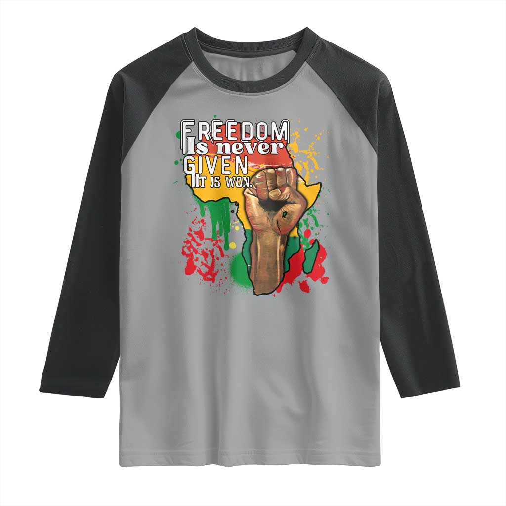 Black History Month Raglan Shirt Freedom Is Never Given It Is Won Equal Rights Raised Fist TS02 Sport Gray Black Print Your Wear