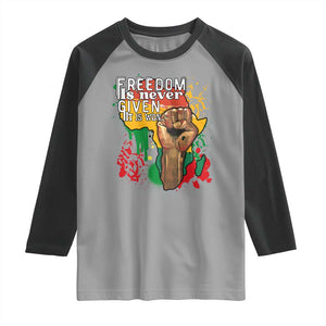 Black History Month Raglan Shirt Freedom Is Never Given It Is Won Equal Rights Raised Fist TS02 Sport Gray Black Print Your Wear