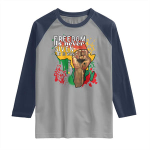 Black History Month Raglan Shirt Freedom Is Never Given It Is Won Equal Rights Raised Fist TS02 Sport Gray Navy Print Your Wear
