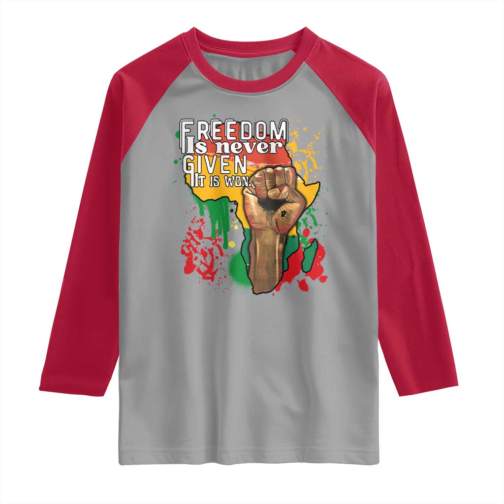 Black History Month Raglan Shirt Freedom Is Never Given It Is Won Equal Rights Raised Fist TS02 Sport Gray Red Print Your Wear
