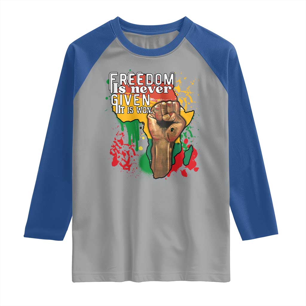 Black History Month Raglan Shirt Freedom Is Never Given It Is Won Equal Rights Raised Fist TS02 Sport Gray Royal Print Your Wear
