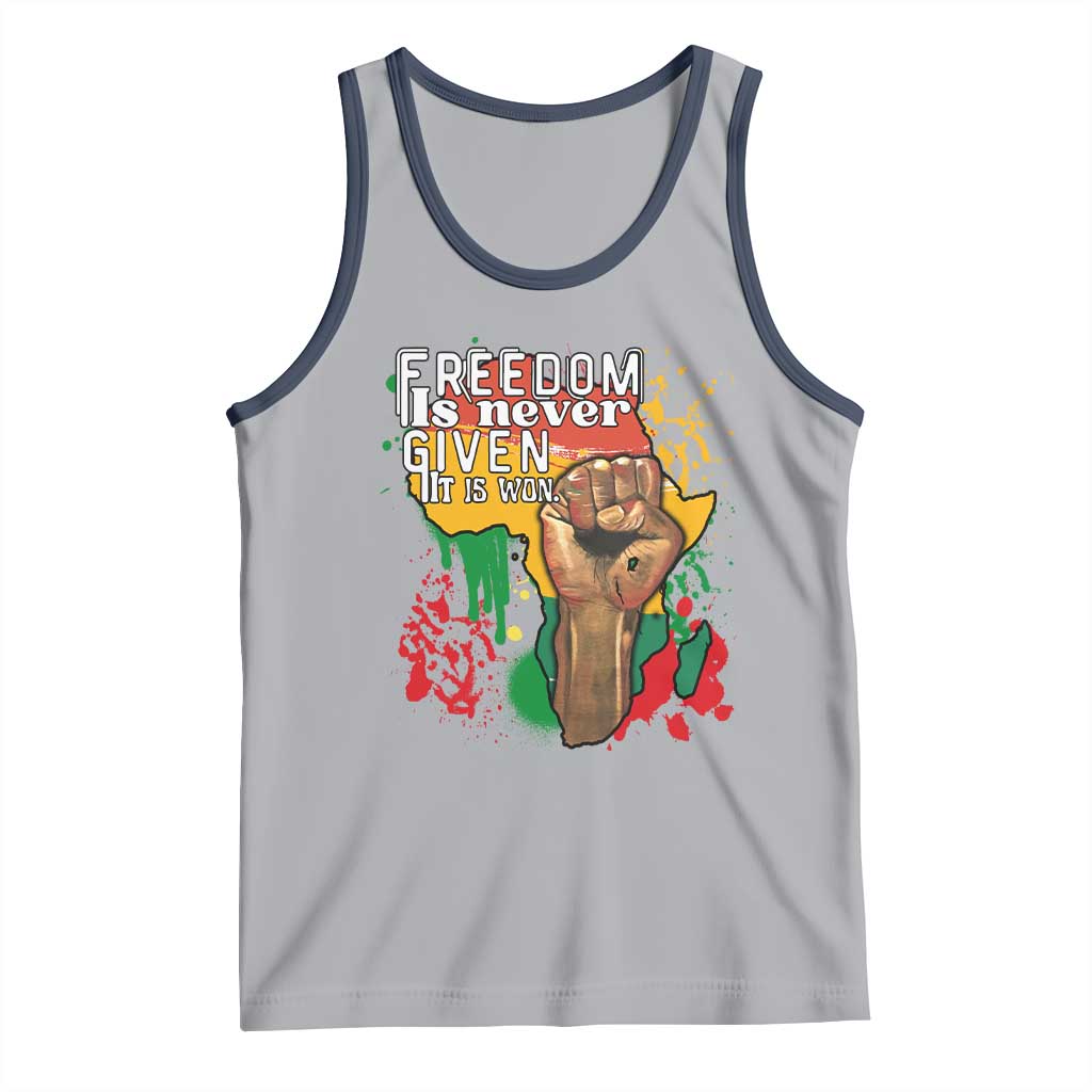 Black History Month Tank Top Freedom Is Never Given It Is Won Equal Rights Raised Fist TS02 Athletic Heather Navy Print Your Wear