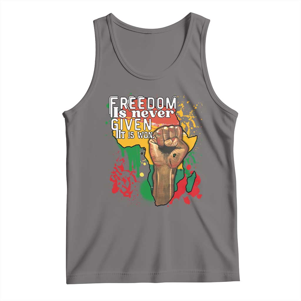 Black History Month Tank Top Freedom Is Never Given It Is Won Equal Rights Raised Fist TS02 Deep Heather Print Your Wear