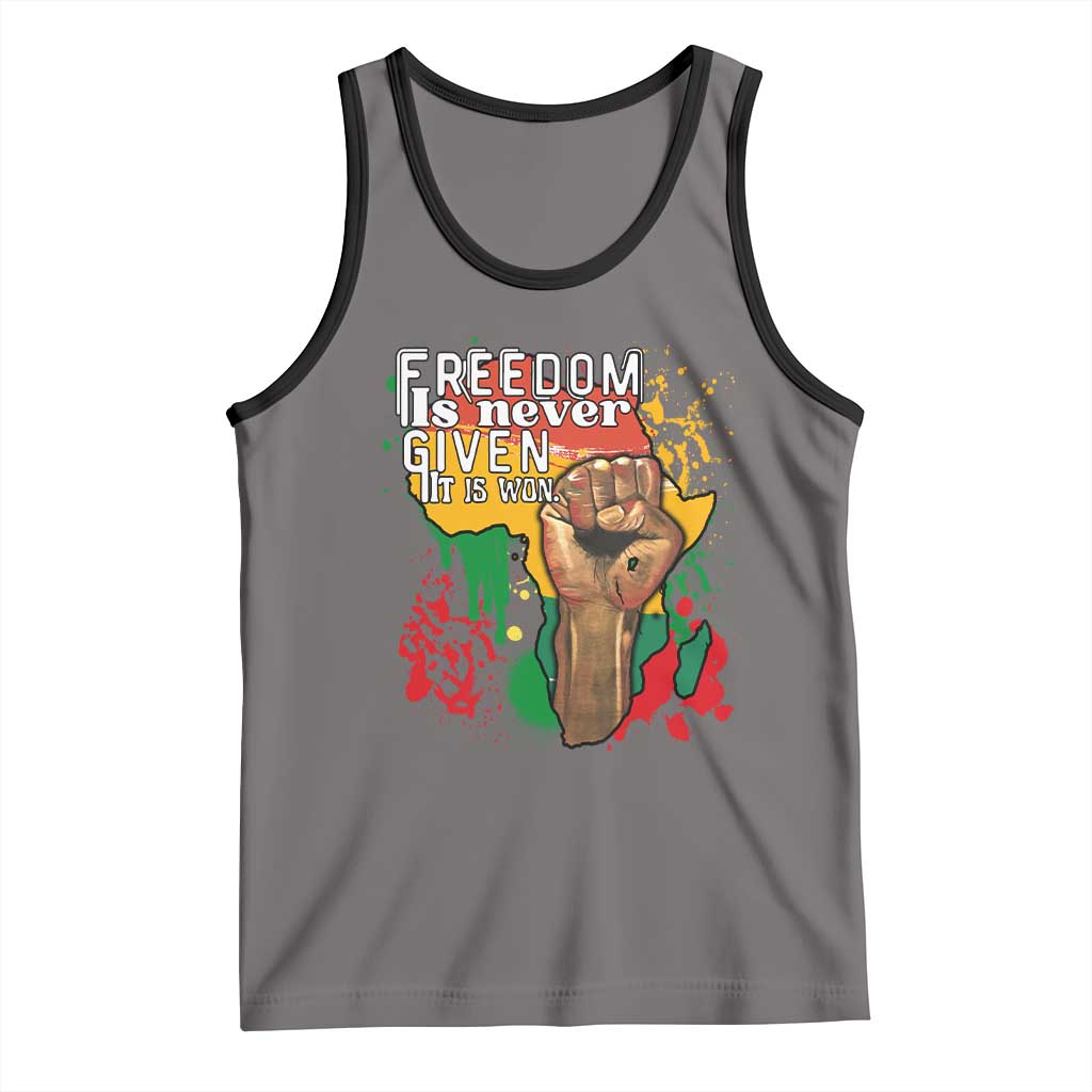 Black History Month Tank Top Freedom Is Never Given It Is Won Equal Rights Raised Fist TS02 Deep Heather Black Print Your Wear