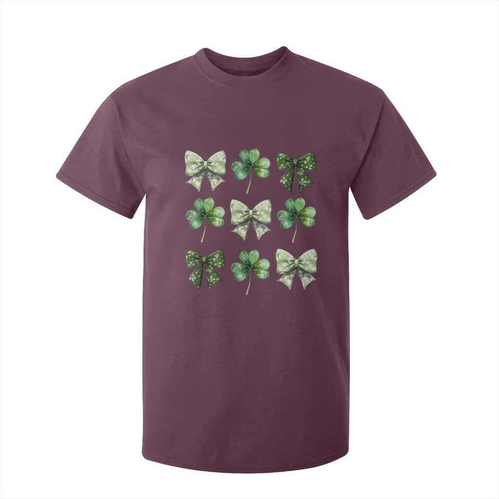 St Patricks Day Coquette Bow T Shirt For Kid Lucky Shamrock Aesthetic TS02 Maroon Print Your Wear
