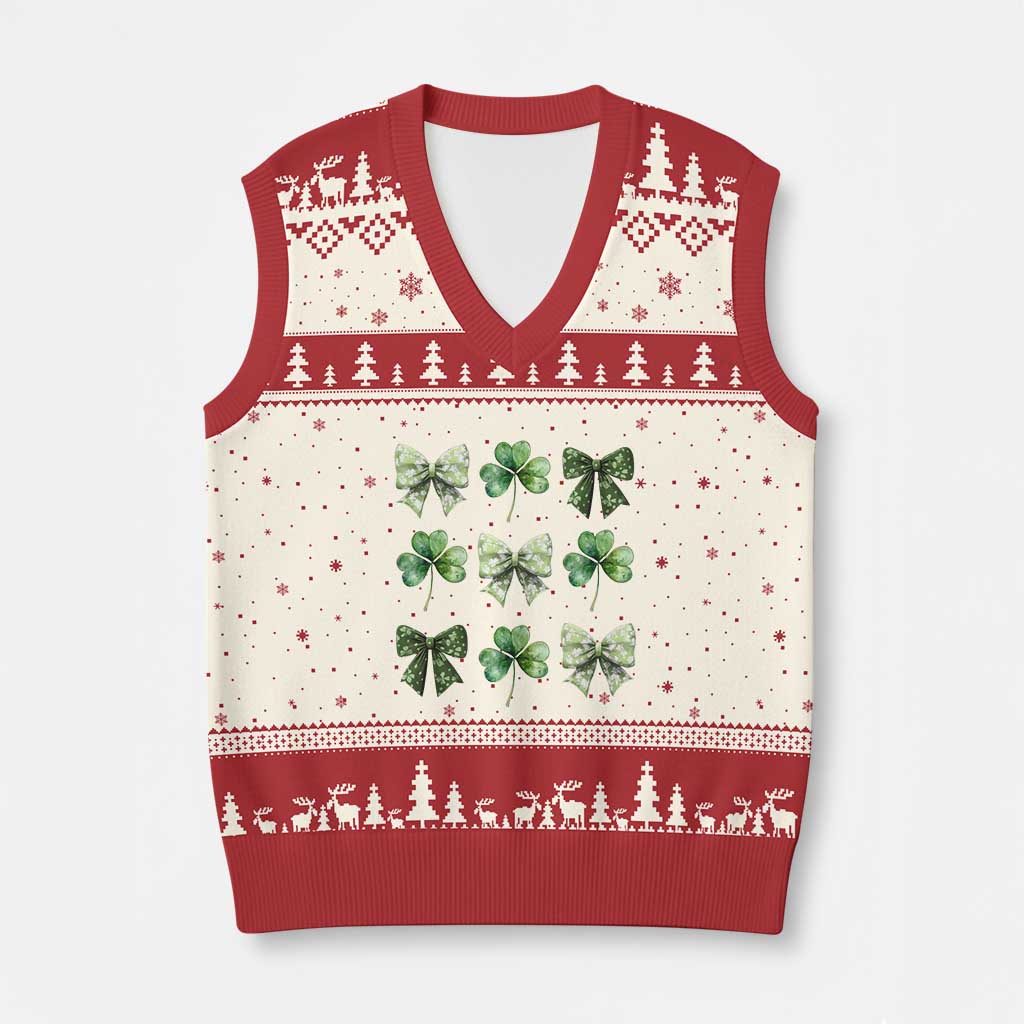 St Patricks Day Coquette Bow V-Neck Knit Sweater Vest Lucky Shamrock Aesthetic TS02 Beige Red Print Your Wear