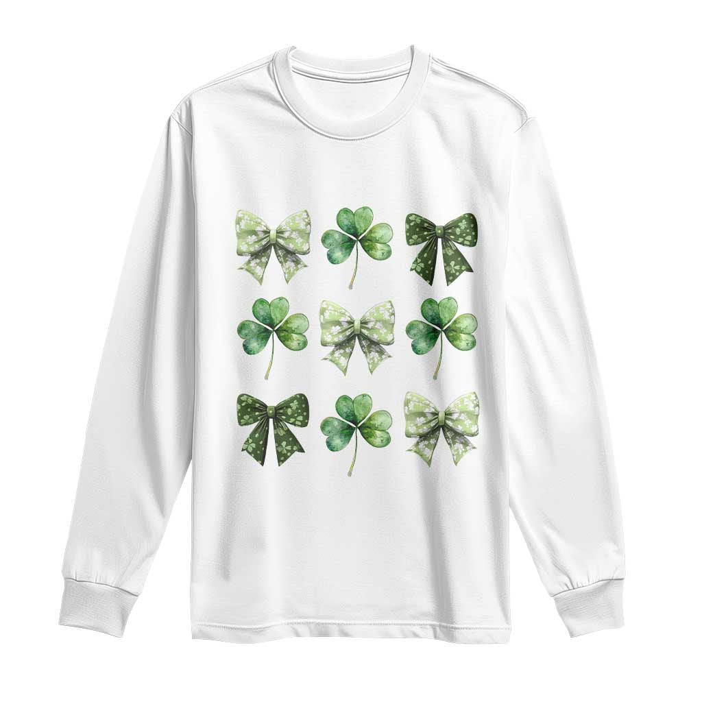 St Patricks Day Coquette Bow Long Sleeve Shirt Lucky Shamrock Aesthetic TS02 White Print Your Wear