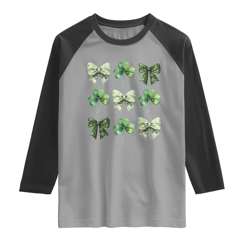 St Patricks Day Coquette Bow Raglan Shirt Lucky Shamrock Aesthetic TS02 Sport Gray Black Print Your Wear