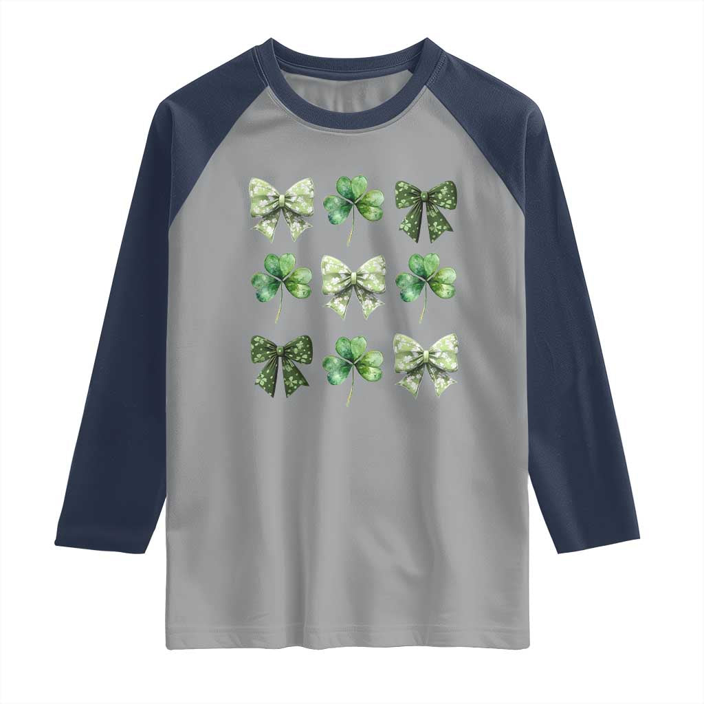 St Patricks Day Coquette Bow Raglan Shirt Lucky Shamrock Aesthetic TS02 Sport Gray Navy Print Your Wear