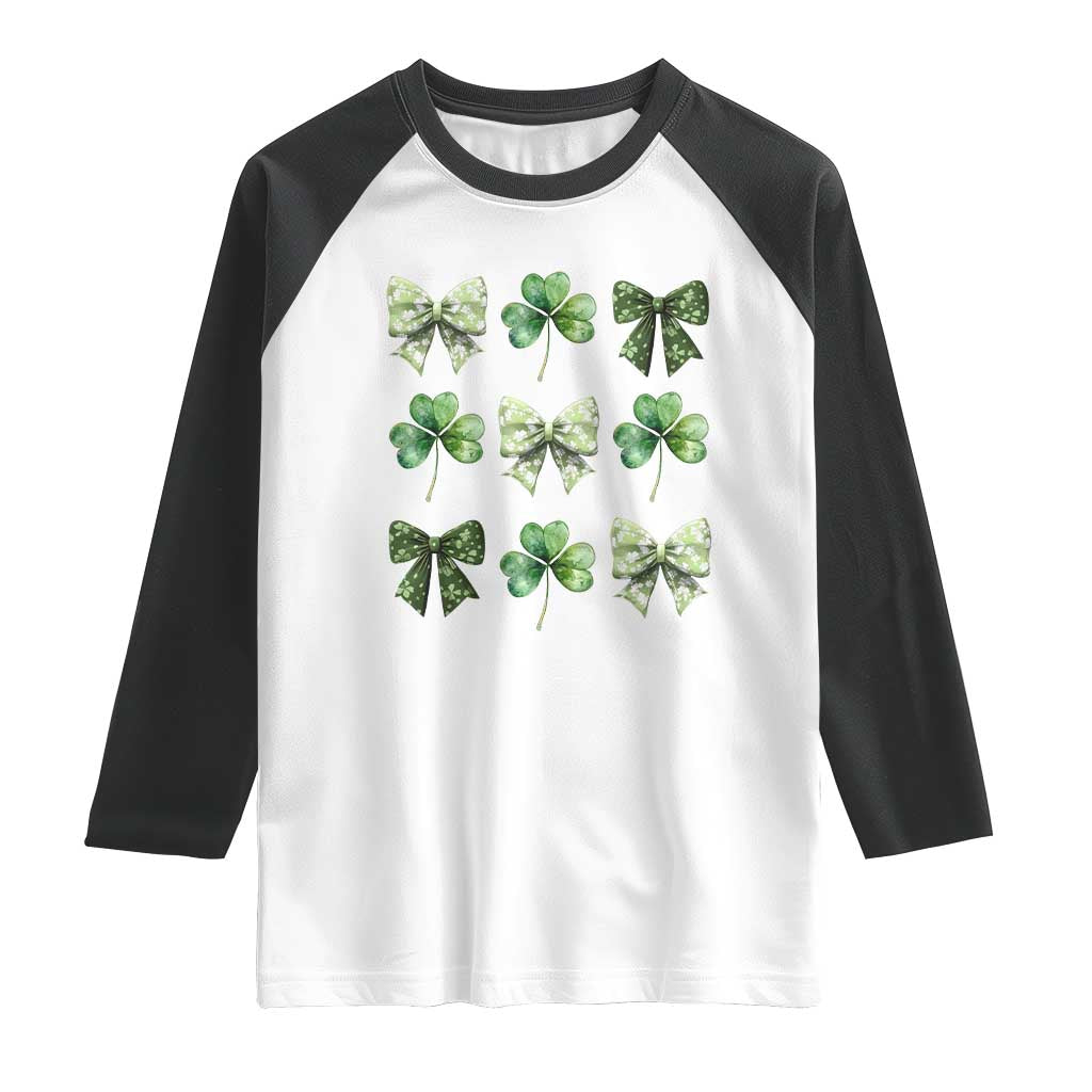 St Patricks Day Coquette Bow Raglan Shirt Lucky Shamrock Aesthetic TS02 White Black Print Your Wear