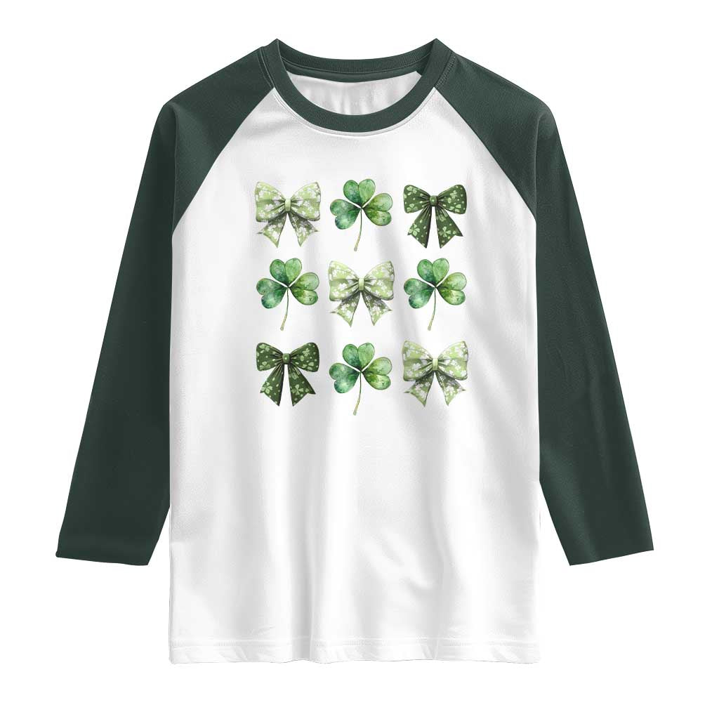 St Patricks Day Coquette Bow Raglan Shirt Lucky Shamrock Aesthetic TS02 White Dark Forest Green Print Your Wear
