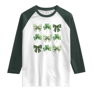 St Patricks Day Coquette Bow Raglan Shirt Lucky Shamrock Aesthetic TS02 White Dark Forest Green Print Your Wear
