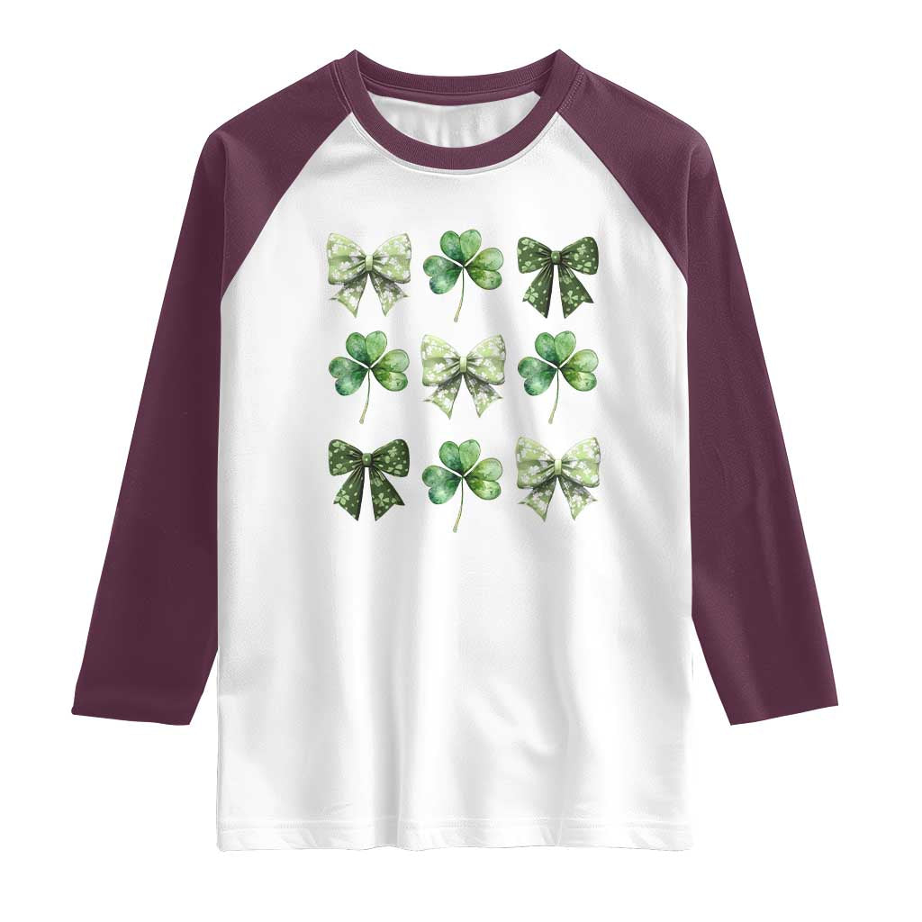 St Patricks Day Coquette Bow Raglan Shirt Lucky Shamrock Aesthetic TS02 White Maroon Print Your Wear