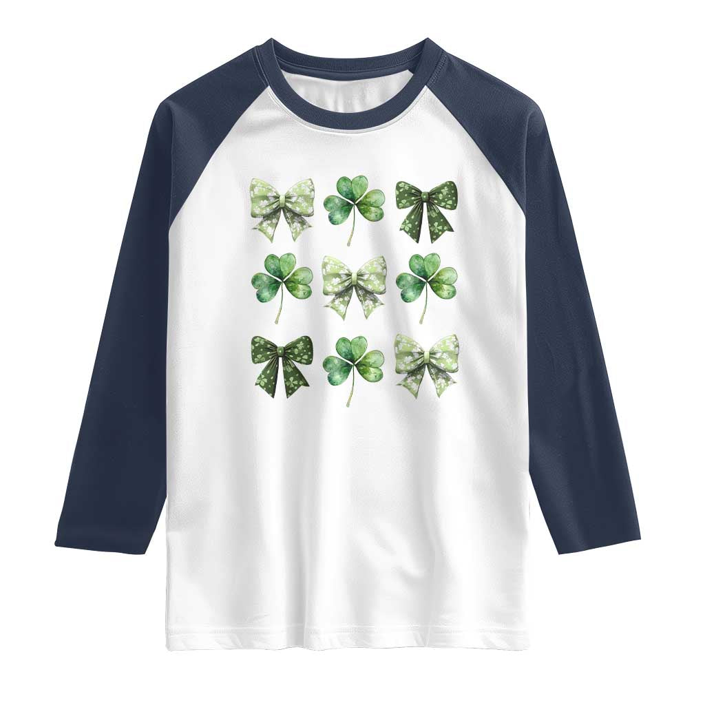 St Patricks Day Coquette Bow Raglan Shirt Lucky Shamrock Aesthetic TS02 White Navy Print Your Wear