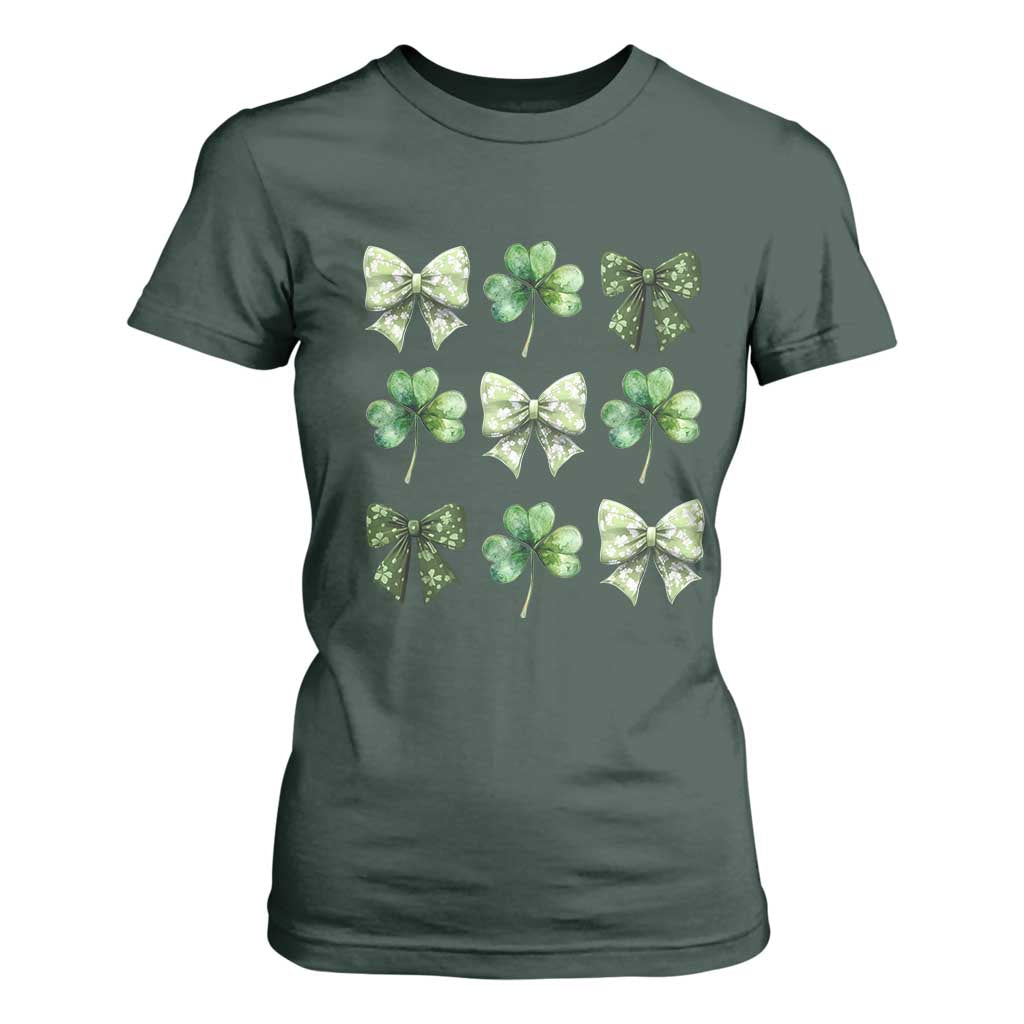 St Patricks Day Coquette Bow T Shirt For Women Lucky Shamrock Aesthetic TS02 Dark Forest Green Print Your Wear