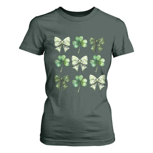 St Patricks Day Coquette Bow T Shirt For Women Lucky Shamrock Aesthetic TS02 Dark Forest Green Print Your Wear