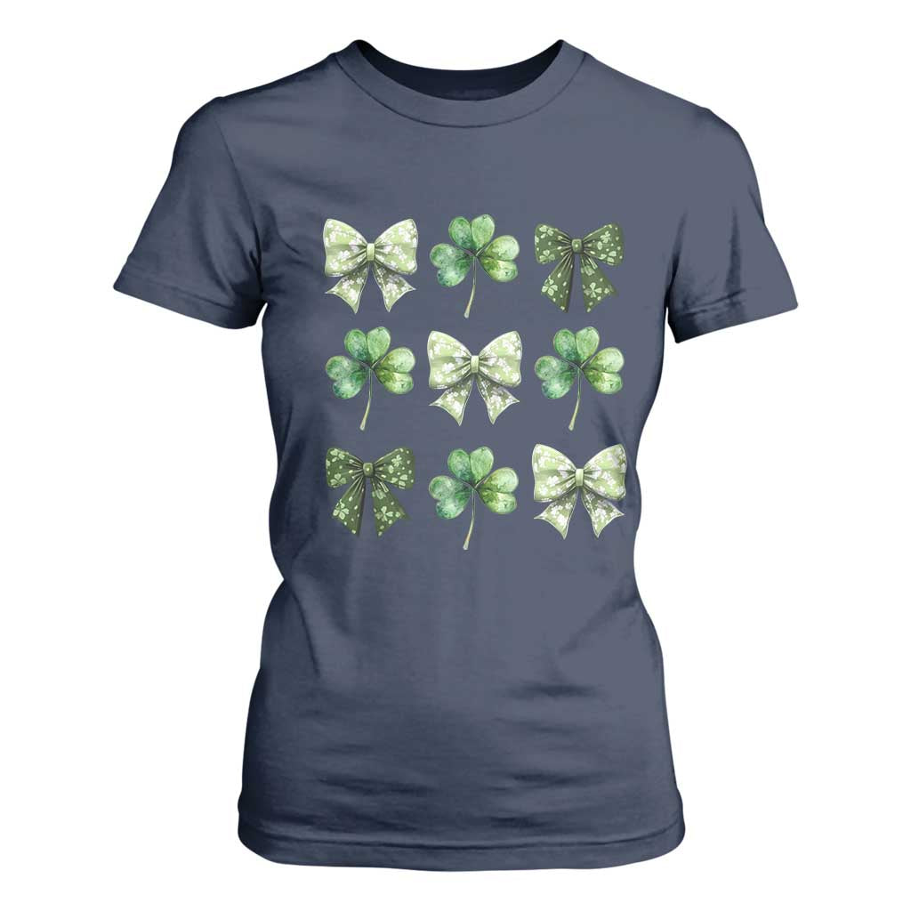St Patricks Day Coquette Bow T Shirt For Women Lucky Shamrock Aesthetic TS02 Navy Print Your Wear
