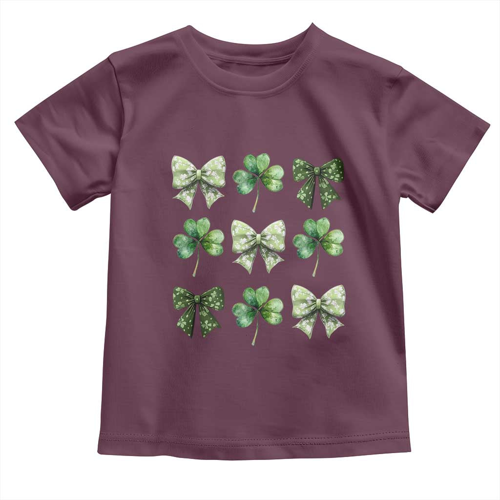 St Patricks Day Coquette Bow Toddler T Shirt Lucky Shamrock Aesthetic TS02 Maroon Print Your Wear