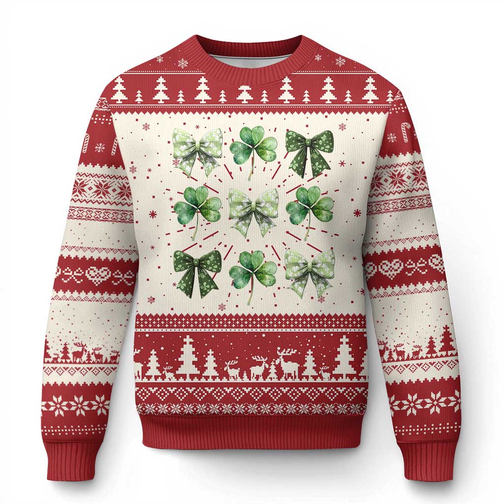 St Patricks Day Coquette Bow Knit Sweatshirt Lucky Shamrock Aesthetic TS02 Red Print Your Wear
