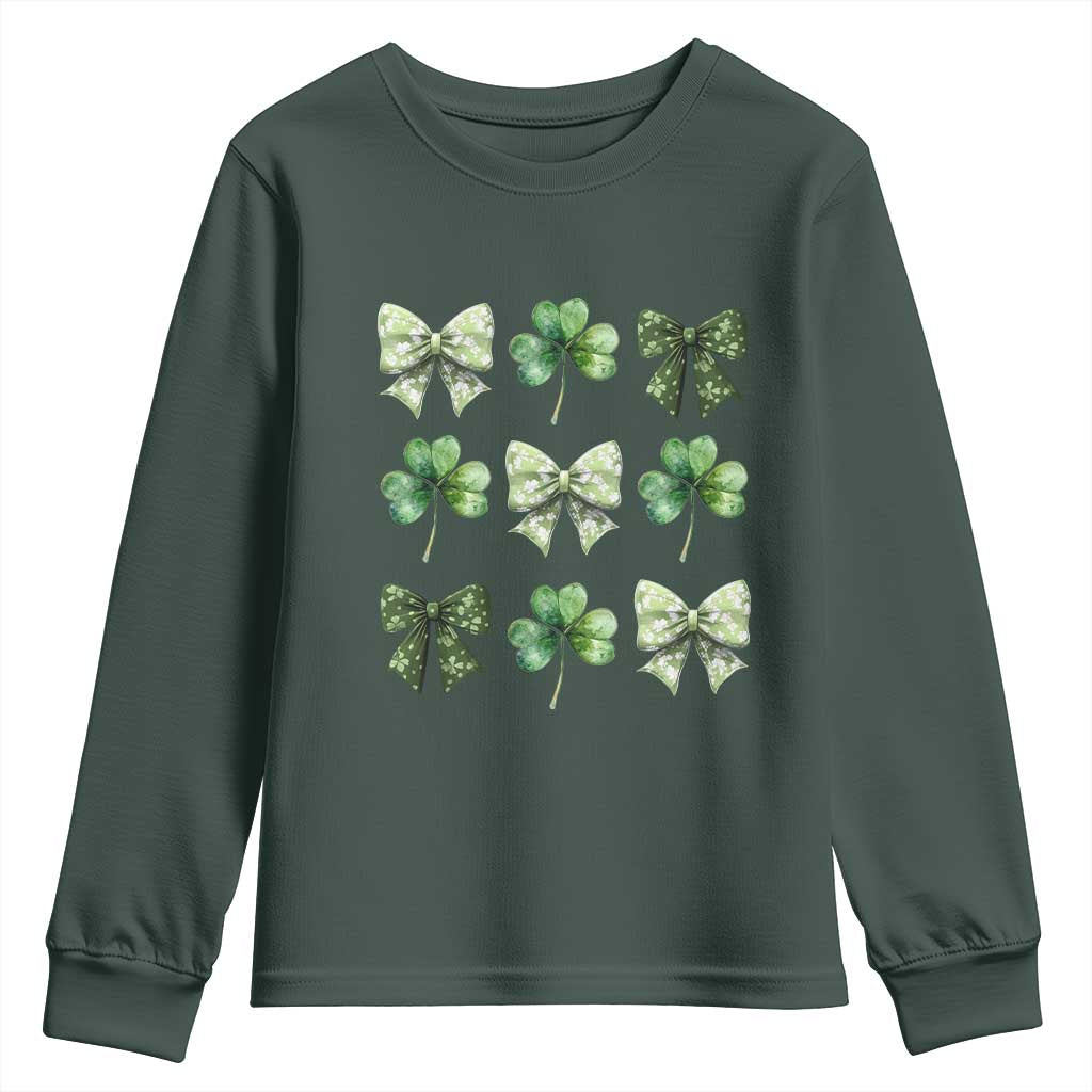 St Patricks Day Coquette Bow Youth Sweatshirt Lucky Shamrock Aesthetic TS02 Dark Forest Green Print Your Wear