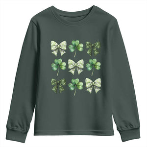 St Patricks Day Coquette Bow Youth Sweatshirt Lucky Shamrock Aesthetic TS02 Dark Forest Green Print Your Wear