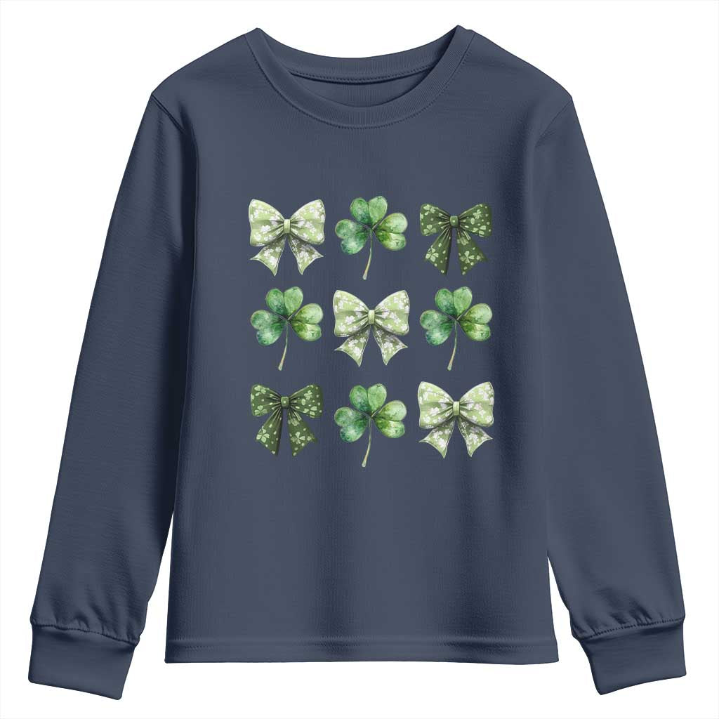 St Patricks Day Coquette Bow Youth Sweatshirt Lucky Shamrock Aesthetic TS02 Navy Print Your Wear