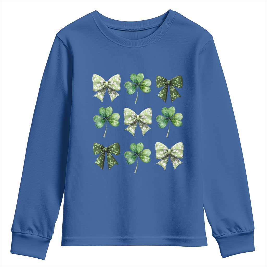 St Patricks Day Coquette Bow Youth Sweatshirt Lucky Shamrock Aesthetic TS02 Royal Blue Print Your Wear