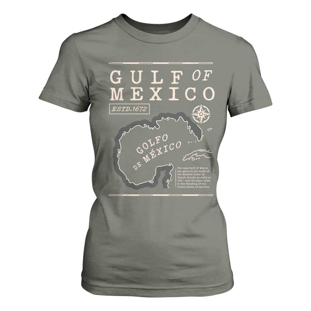 Gulf of Mexico T Shirt For Women Golfo De Mexico Historic Map 1672 TS02 Military Green Print Your Wear