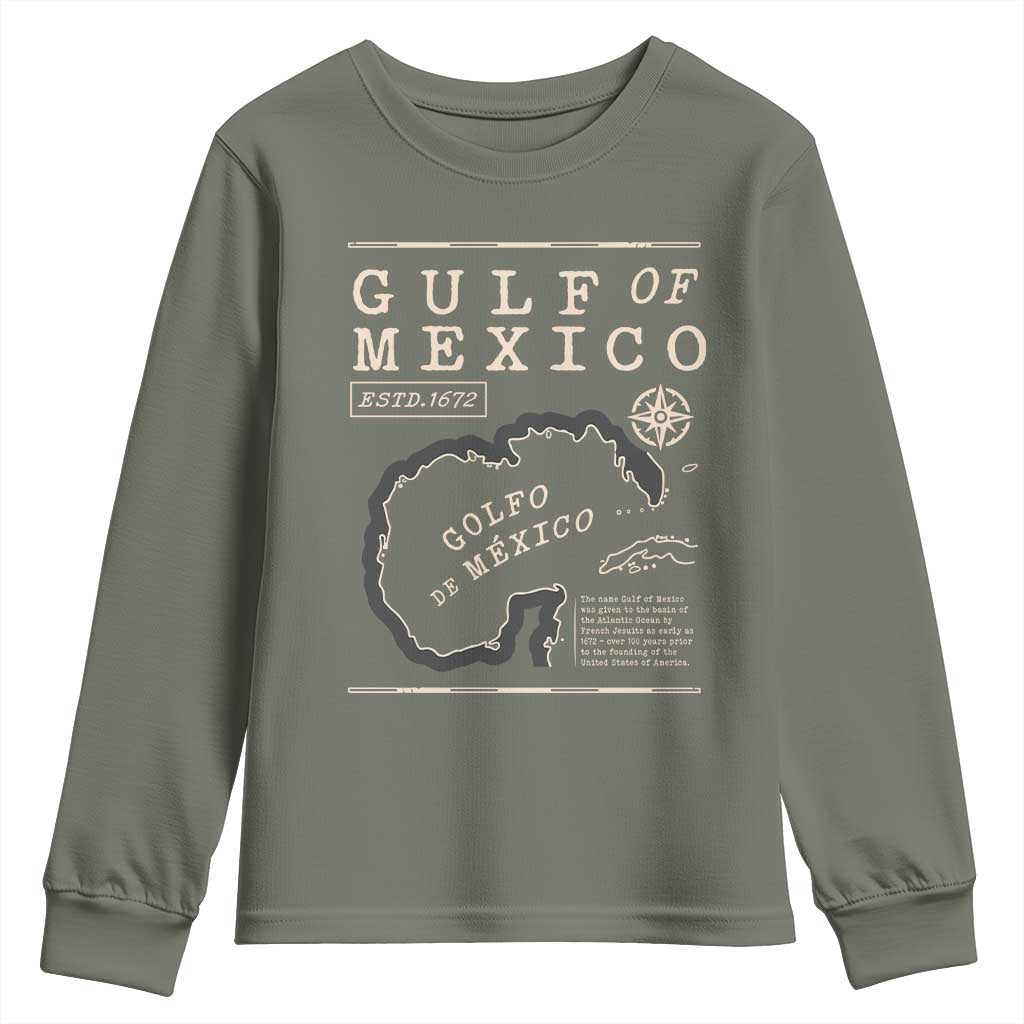Gulf of Mexico Youth Sweatshirt Golfo De Mexico Historic Map 1672 TS02 Military Green Print Your Wear