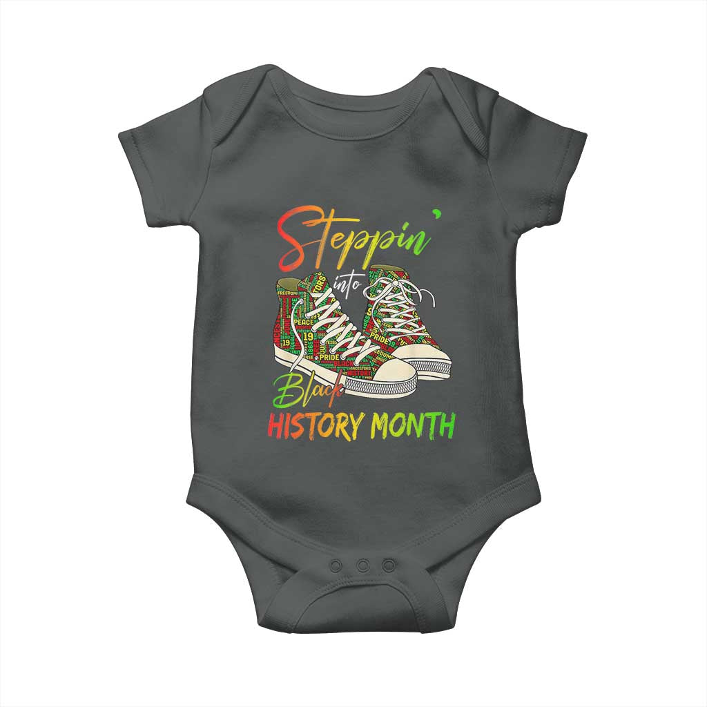 Stepping Into Black History Month Baby Onesie Sneakers TS02 Dark Heather Print Your Wear
