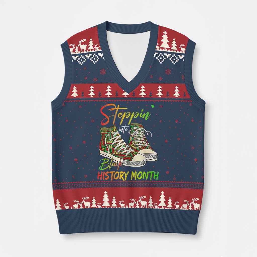 Stepping Into Black History Month V-Neck Knit Sweater Vest Sneakers TS02 Navy Red Print Your Wear