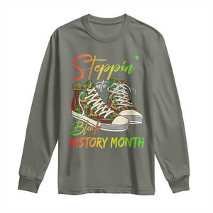 Stepping Into Black History Month Long Sleeve Shirt Sneakers TS02 Military Green Print Your Wear