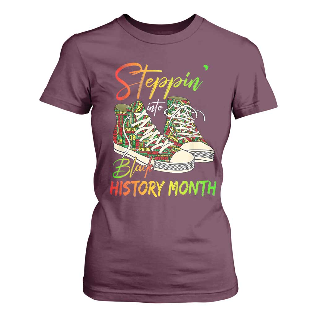 Stepping Into Black History Month T Shirt For Women Sneakers TS02 Maroon Print Your Wear