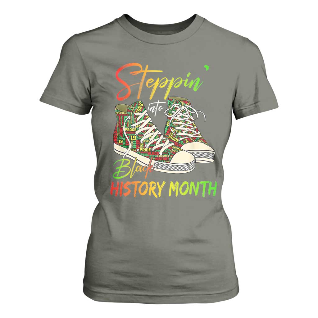 Stepping Into Black History Month T Shirt For Women Sneakers TS02 Military Green Print Your Wear