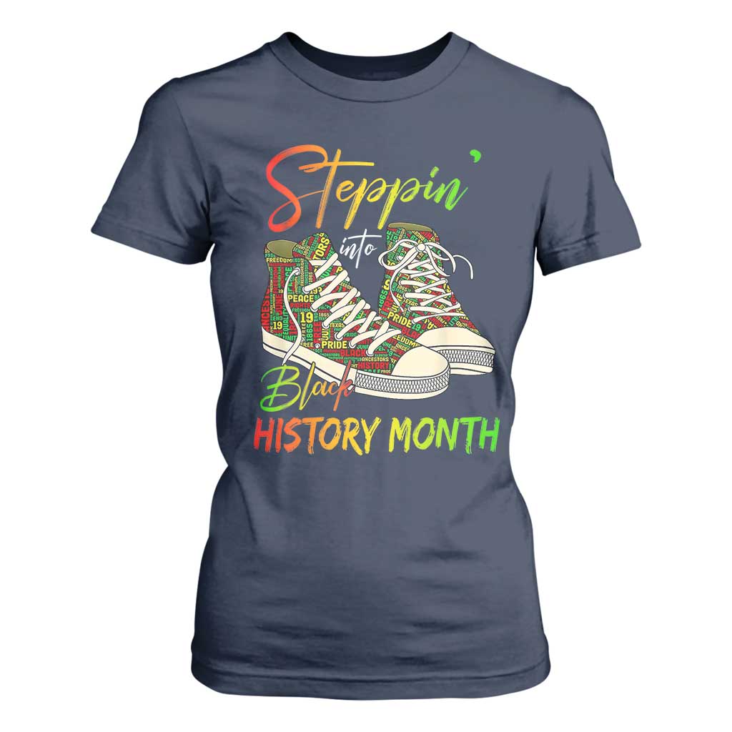 Stepping Into Black History Month T Shirt For Women Sneakers TS02 Navy Print Your Wear