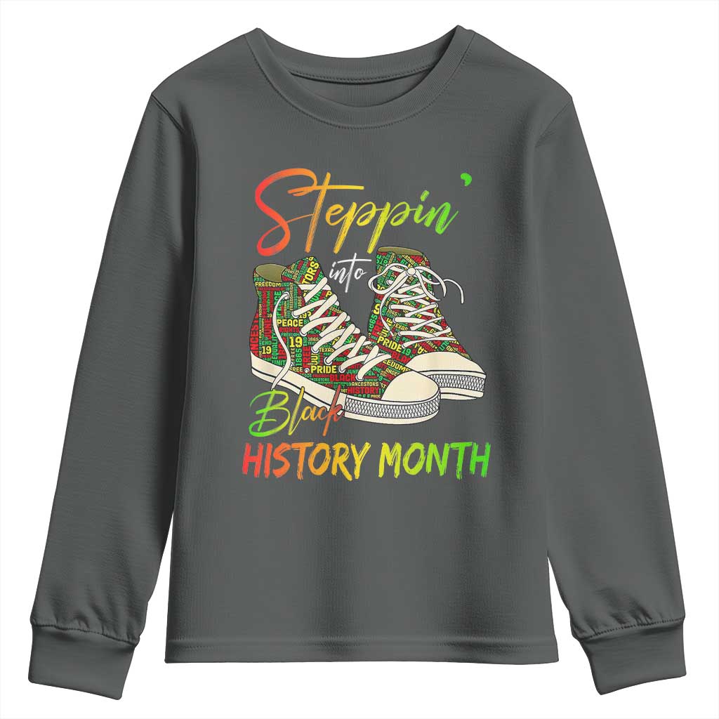 Stepping Into Black History Month Youth Sweatshirt Sneakers TS02 Dark Heather Print Your Wear