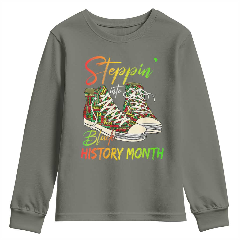 Stepping Into Black History Month Youth Sweatshirt Sneakers TS02 Military Green Print Your Wear